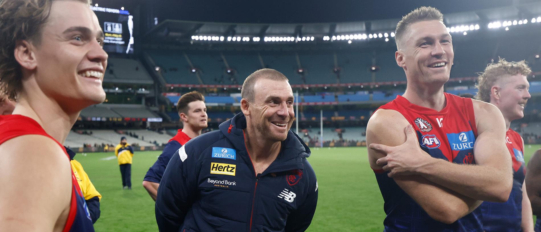 MELBOURNE, AUSTRALIA - APRIL 24: Simon Goodwin, Senior Coach of the Demons smiles during the 2024 AFL Round 07 match between the Richmond Tigers and the Melbourne Demons at the Melbourne Cricket Ground on April 24, 2024 in Melbourne, Australia. (Photo by Michael Willson/AFL Photos via Getty Images)