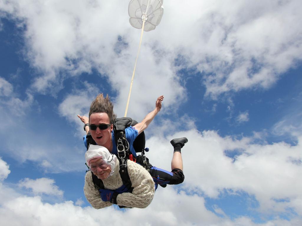 Adelaide’s Irene O’Shea the oldest person ever to jump off a plane.
Picture: Bryce Sellick & Matt Teager