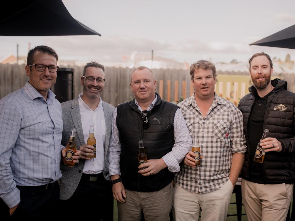 Andrew Quarry, of Ulverstone, left, with Kain Moore, Ben Bray and Jeffrey Kitchin, of Launceston, and brewer Stuart Campbell, at the the relaunch of Boag’s St George beer. Picture: ROSIE HASTIE