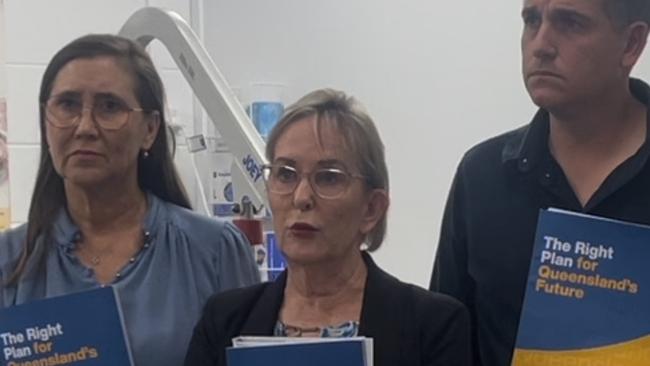 Shadow Health Minister Ros Bates in Rockhampton flanked by the LNPs Rockhampton candidate Donna Kirkland and Keppel candidate Nigel Hutton.