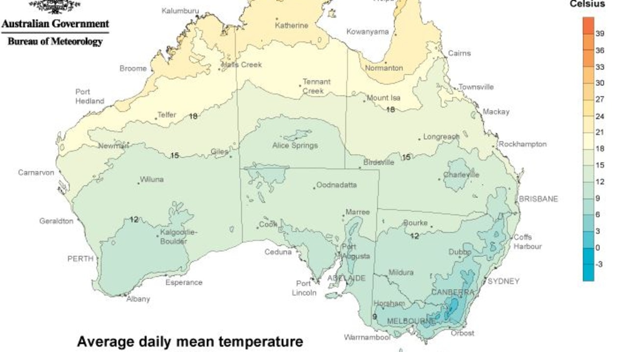 Average temperatures for Australia in winter. Picture: Bureau of Meteorology