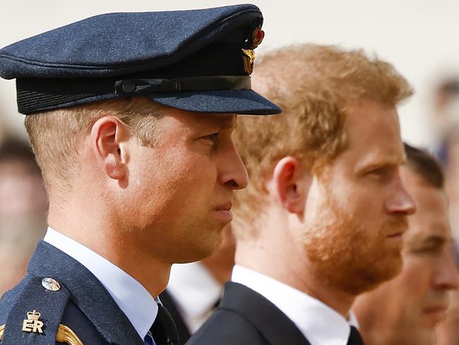 FILE PICS -  LONDON, ENGLAND - SEPTEMBER 14: Prince William, Prince of Wales and Prince Harry, Duke of Sussex walk behind the coffin during the procession for the Lying-in State of Queen Elizabeth II on September 14, 2022 in London, England. Queen Elizabeth II's coffin is taken in procession on a Gun Carriage of The King's Troop Royal Horse Artillery from Buckingham Palace to Westminster Hall where she will lay in state until the early morning of her funeral. Queen Elizabeth II died at Balmoral Castle in Scotland on September 8, 2022, and is succeeded by her eldest son, King Charles III. (Photo by Jeff J Mitchell - WPA Pool/Getty Images)