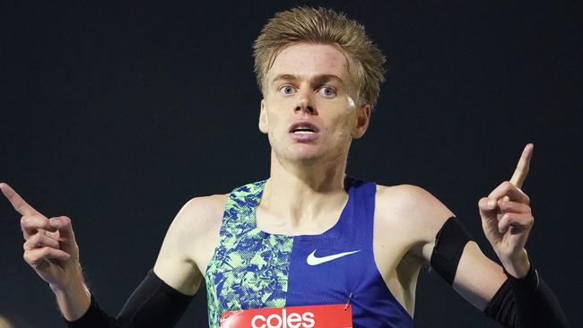 Stewart McSweyn wins the Mens 5000m race during the Melbourne Track Classic on Thursday night. Picture: AAP