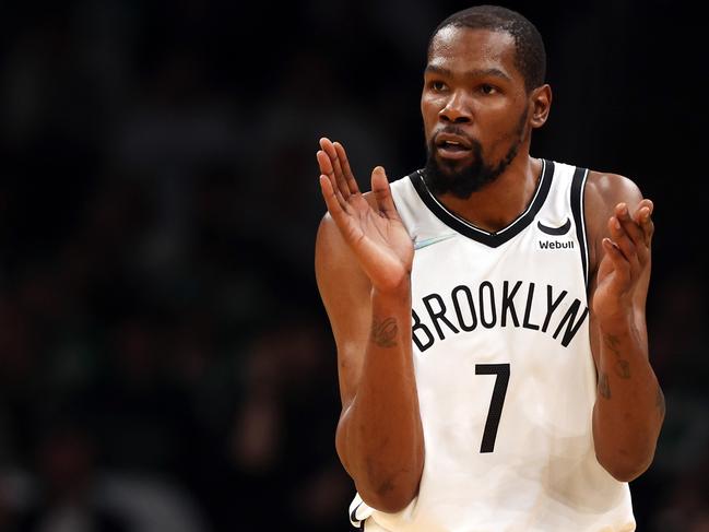 BOSTON, MASSACHUSETTS - APRIL 17: Kevin Durant #7 of the Brooklyn Nets reacts during the first quarter of Round 1 Game 1 of the 2022 NBA Eastern Conference Playoffs against the Boston Celtics at TD Garden on April 17, 2022 in Boston, Massachusetts. (Photo by Maddie Meyer/Getty Images)