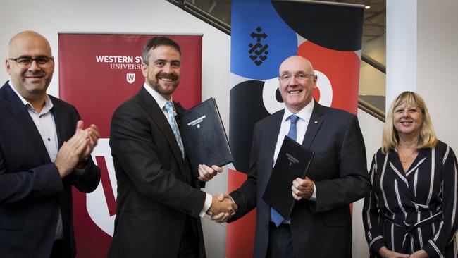 UTS and Western Sydney University sign an MOU for a Bankstown development partnership. Pictured are: Mayor of the City of Canterbury Bankstown Khal Asfour, Vice-Chancellor and President, University of Technology Sydney Professor Attila Brungs, Vice-Chancellor and President, Western Sydney University Professor Barney Glover AO, Deputy Vice-Chancellor &amp; Vice President (Research &amp; Innovation), Western Sydney University Professor Deborah Sweeney.