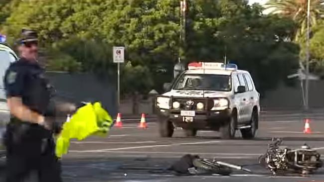 The motorcycle, right, after the crash. Picture: 7NEWS