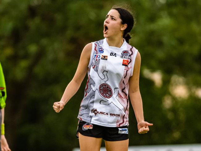 Sophie Berry celebrates one of her three goals against Palmerston in Round 13. Picture: Patch Clapp / AFLNT Media.