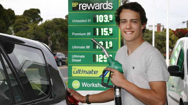 Tradie Jordan Wiltshire, at BP Williamstown, says he has never seen fuel this low in his life. Picture: David Caird