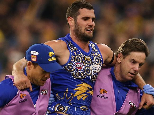 PERTH, AUSTRALIA - JUNE 02: Jack Darling of the Eagles is assisted from the field with a lower leg injury during the round 11 AFL match between the West Coast Eagles and the St Kilda Saints at Optus Stadium on June 2, 2018 in Perth, Australia.  (Photo by Paul Kane/Getty Images)