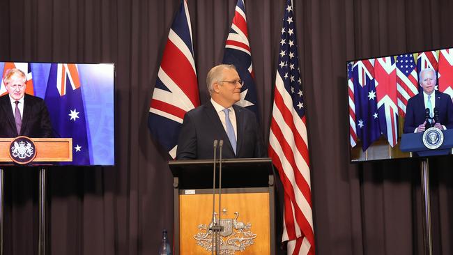 Scott Morrison alongside president of the United States Joe Biden and the Prime Minister of the United Kingdom Boris Johnson. Picture: Newswire/Gary Ramage