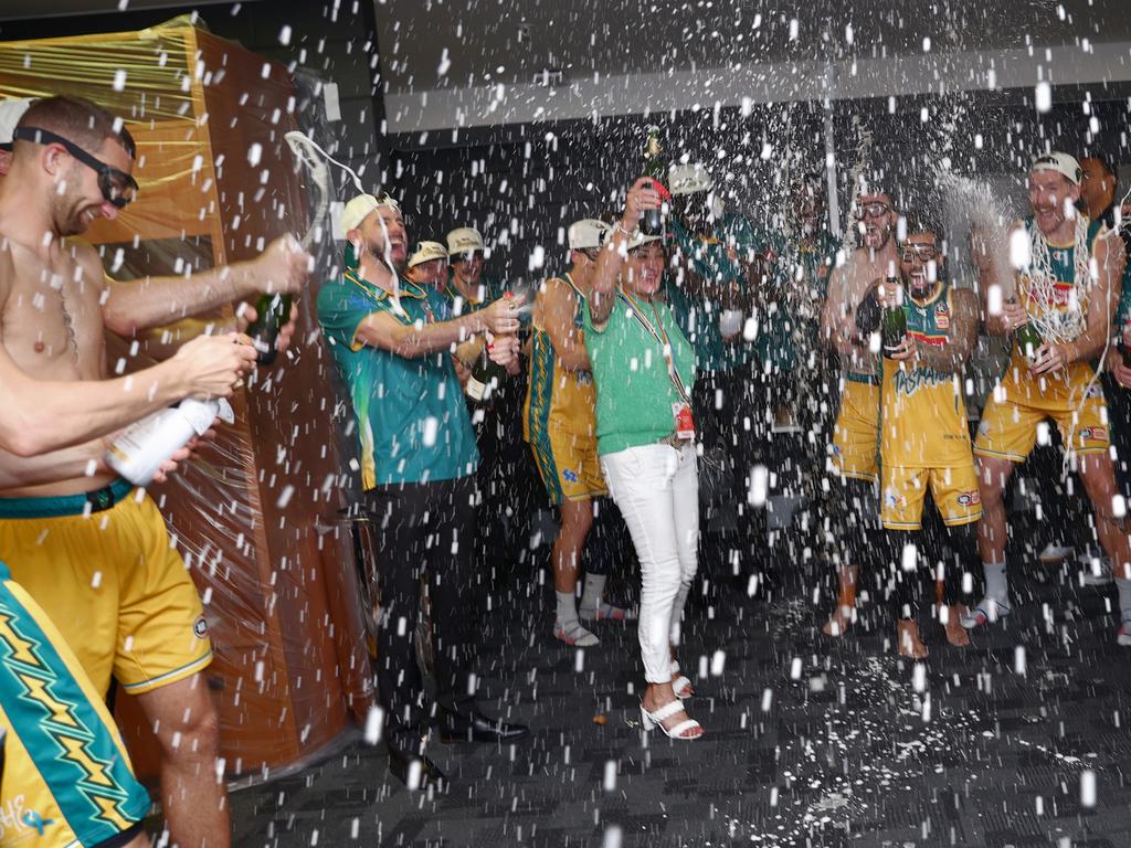 The JackJumpers celebrate after winning game five of the NBL Championship Grand Final Series between Melbourne United and Tasmania JackJumpers at John Cain Arena, on March 31, 2024, in Melbourne, Australia. (Photo by Daniel Pockett/Getty Images)