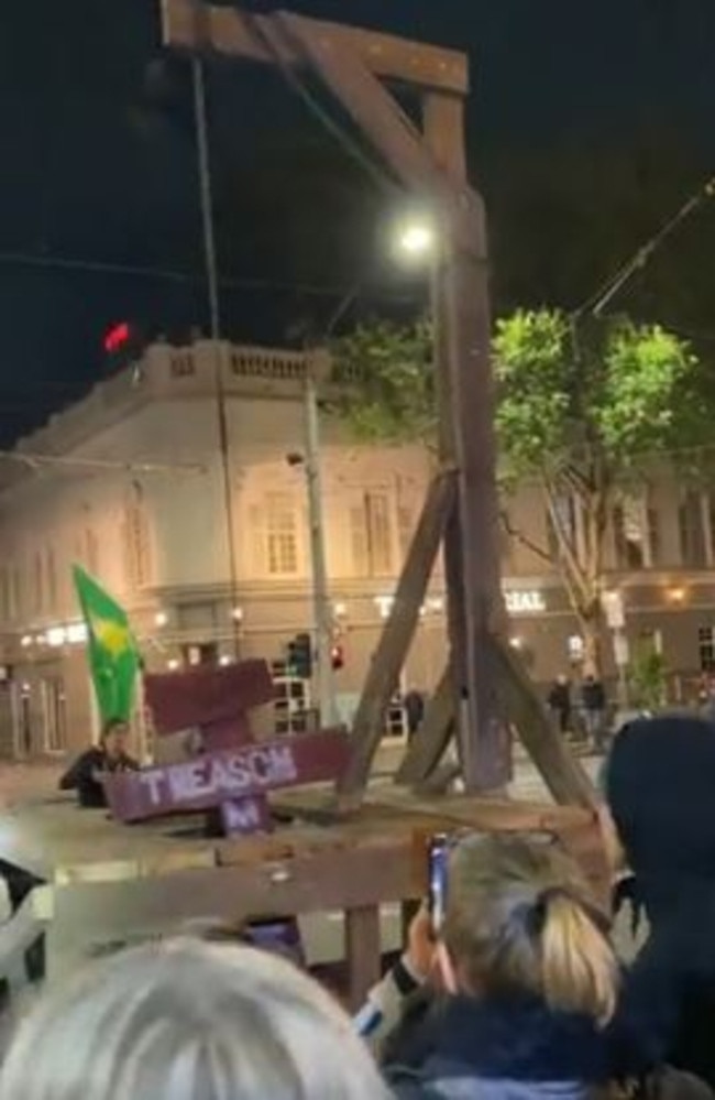 Disturbing footage has emerged of a blow-up replica of Daniel Andrews being thrown on to a makeshift gallow. Picture: Supplied