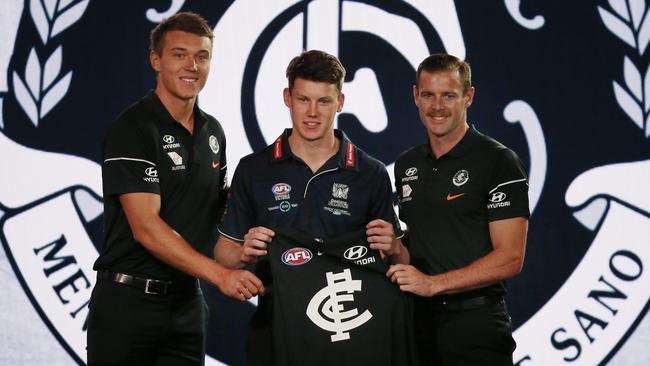 Carlton’s No.1 draft pick Sam Walsh with co-captains Patrick Cripps and Sam Docherty. Picture: Michael Klein