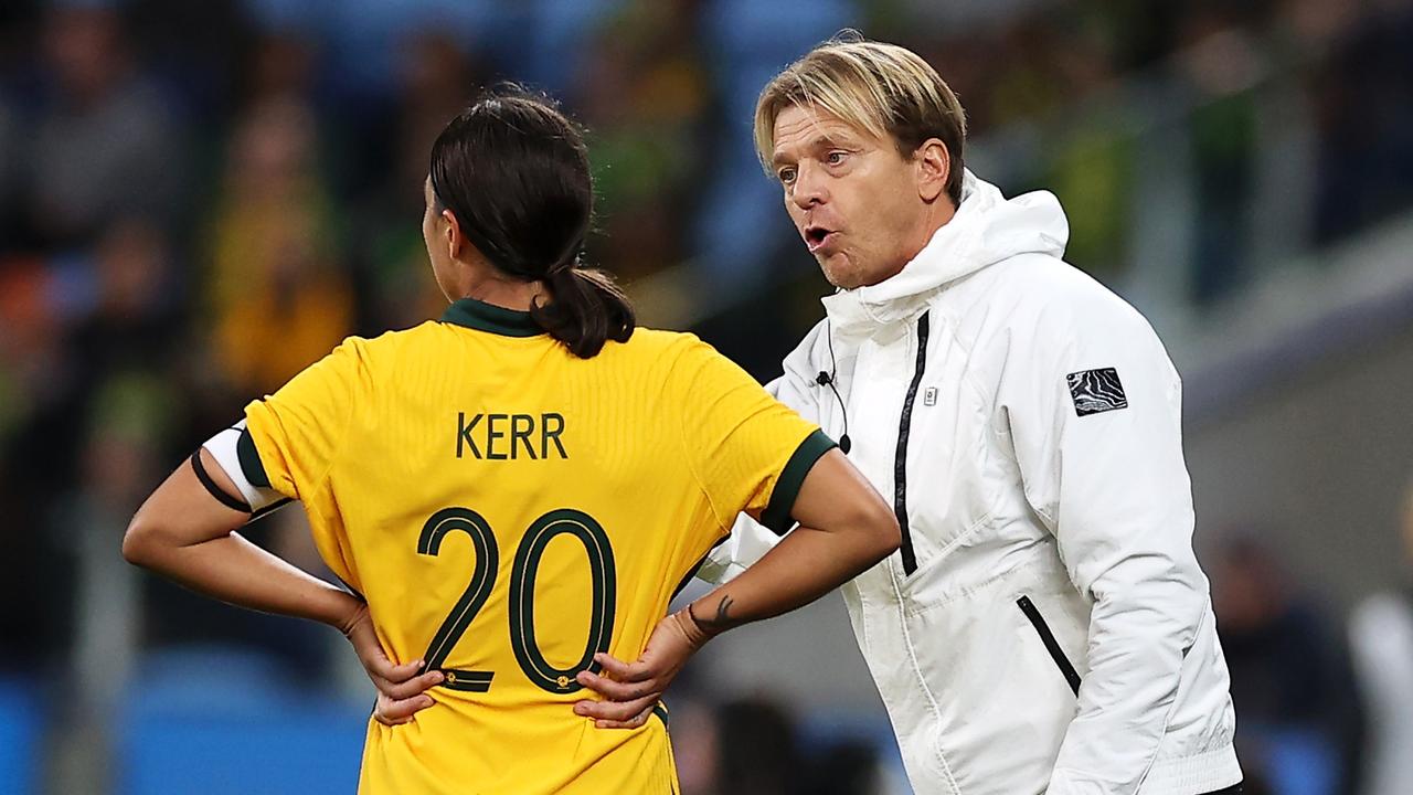 SYDNEY, AUSTRALIA – SEPTEMBER 06: Matildas coach Tony Gustavsson gives instructions to Sam Kerr of the Matildas during the International Friendly Match between the Australia Matildas and Canada at Allianz Stadium on September 06, 2022 in Sydney, Australia. (Photo by Mark Kolbe/Getty Images)