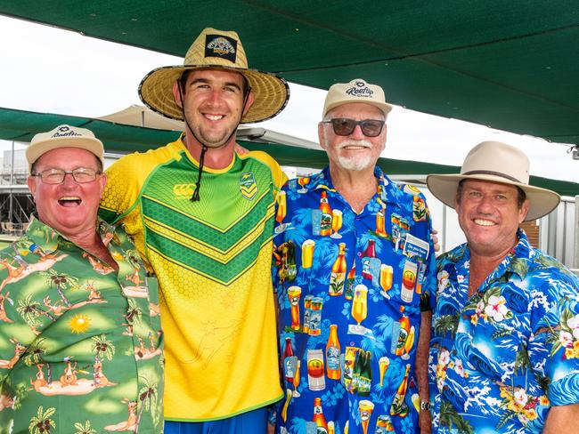 Barry Thomas, Jason Little, Barry Finlay and Dave Maskell from Rural View celebrating Australia Day at the Northern Beaches Bowls Club. Picture: Michaela Harlow