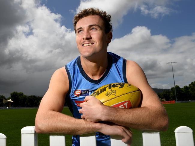 AFL DRAFT. Sturt footballer and AFL draft prospect Tom Emmett at Unley Oval in full Sturt playing gear, pictured 21st November, 2022. Tricia Watkinson