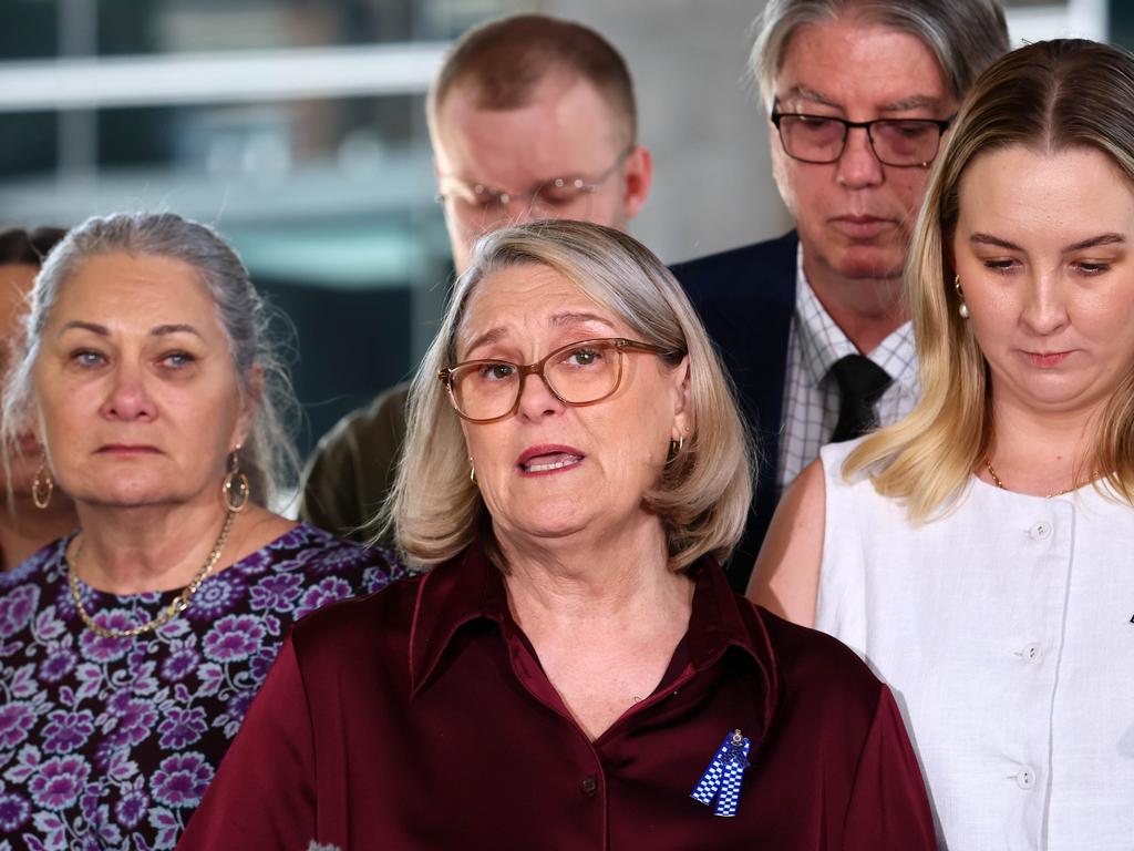 Matthew Arnold’s mother, Sue Arnold, reads a media statement at the Brisbane Magistrates Court after the final day of the Wieambilla inquest. Picture: NewsWire/Tertius Pickard