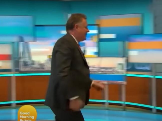 Piers Morgan walks off during live filming of Good Morning Britain after conflict with a colleague over Morgan’s comments about Meghan Markle. Picture: Supplied