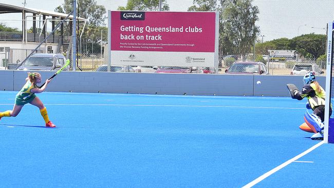 St Aidan’s Anglican Girls’ School student Georgie West, a Kedron Wavell player, takes a penalty shot during a schoolgirls state championship. Picture: Shae Beplate.