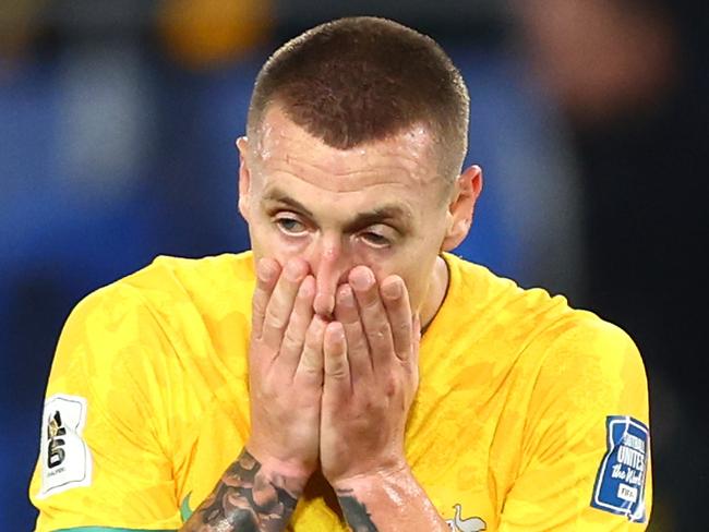 GOLD COAST, AUSTRALIA - SEPTEMBER 05: Mitchell Duke of Australia reacts after losing the round three 2026 FIFA World Cup AFC Asian Qualifier match between Australia Socceroos and Bahrain at Robina Stadium on September 05, 2024 in Gold Coast, Australia. (Photo by Chris Hyde/Getty Images)