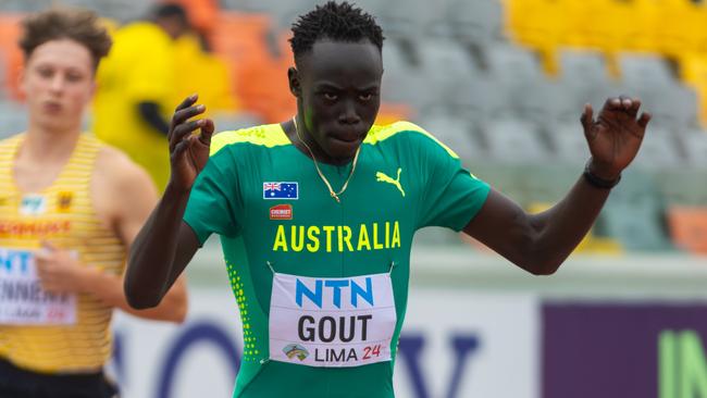 Gout Gout in action at the world junior athletics championships in Lima, Peru. Photo: Andrew Hilditch/Athletics Australia