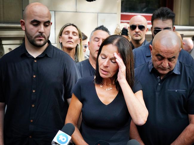 Alessandro Manno, Aggie Di Mauro and Tony Manno talk to the media after sentencing at the Supreme Court in Melbourne. Picture: Luis Enrique Ascui