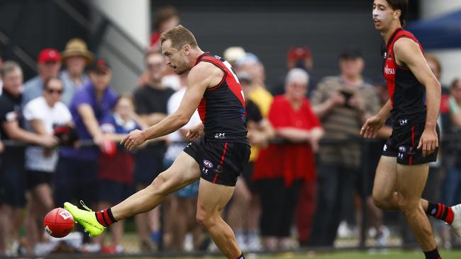 It might not look the most orthodox off the boot but this kick by Devon Smith went through for a goal during a practice match against the Western Bulldogs.