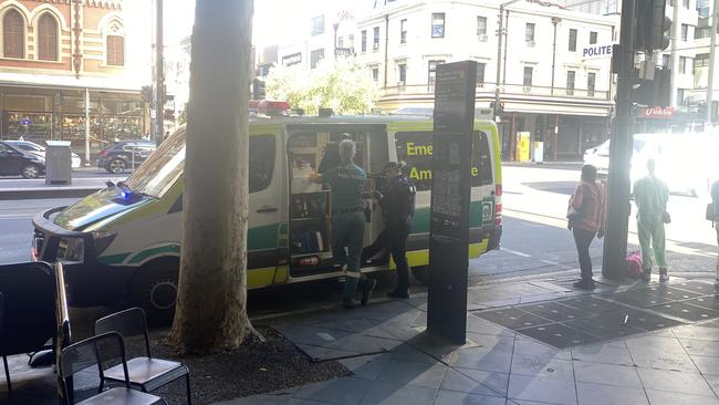 Emergency services at the scene of the stabbing on Hindley and King William street, Adelaide. Picture: Mitch Mott