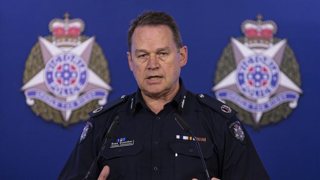 Counter Terrorism Command Assistant Commissioner Ross Guenther speaks to media about the shootings. Picture: AAP Image/Daniel Pockett