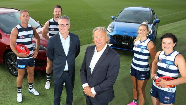 Geelong stars Joel Selwood, Patrick Dangerfield and AFLW players Becky Webster and Meg McDonald with Ford chief Andrew Birkic and Geelong boss Brian Cook Picture: Peter Ristevski