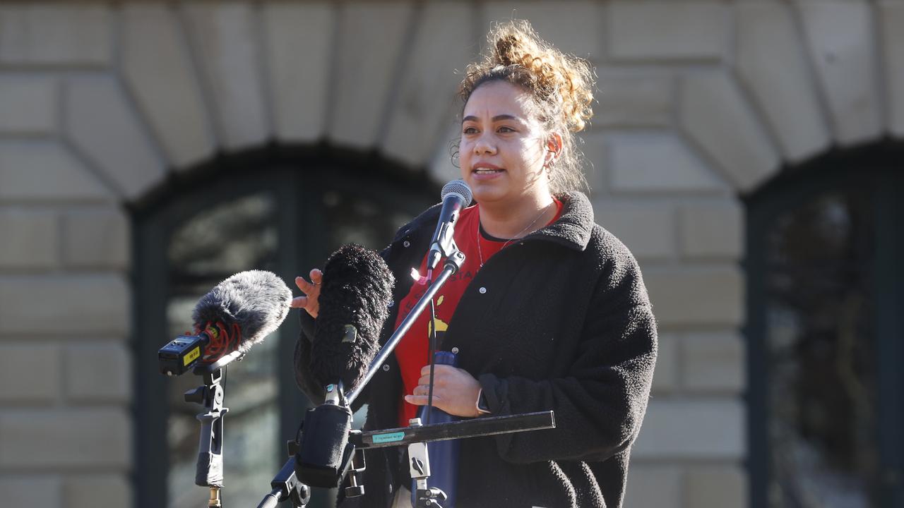 Nunami Sculthorpe-Green addresses the crowd on Parliament House lawns. Picture: Nikki Davis-Jones