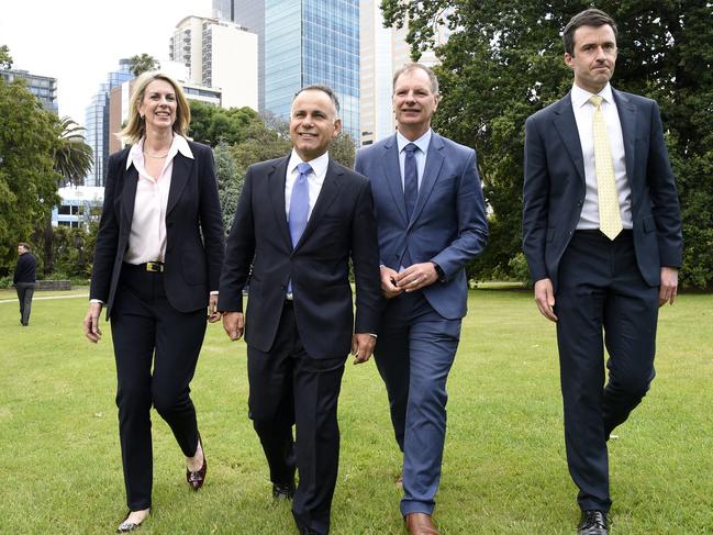 New Victorian Opposition leader John Pesutto at Parliament House in Melbourne with new Deputy David Southwick, Georgie Crozier and Matthew Bach. Picture: NCA NewsWire/Andrew Henshaw