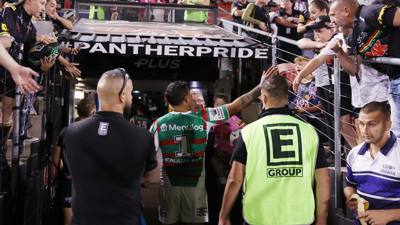 Latrell Mitchell of the Rabbitohs interacts with in Penrith (Photo by Cameron Spencer/Getty Images)