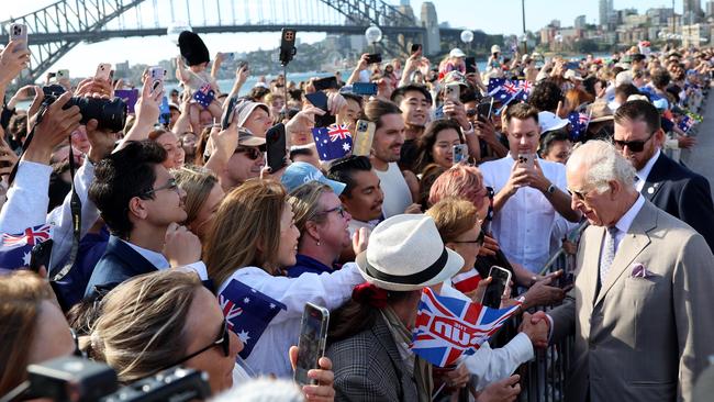 King Charles greets the crowd that had gathered to see him outside the Sydney Opera House on Tuesday. Picture: Getty Images