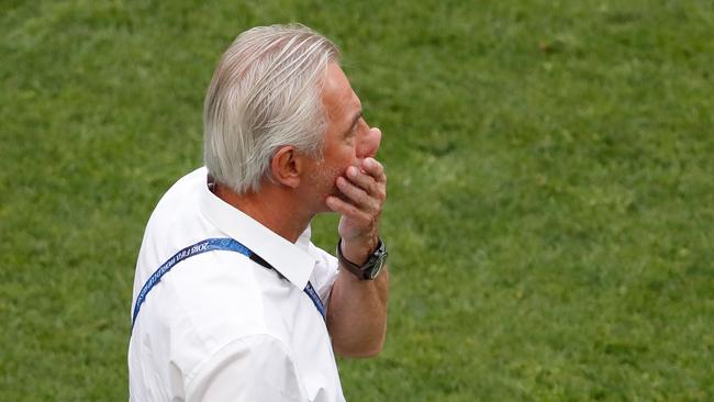 Socceroos coach Bert van Marwijk shows the strain against Peru. Photo: AFP