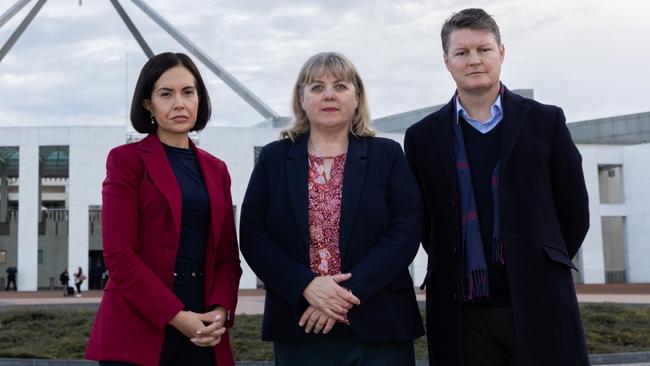 NSW Education Minister Prue Car, left, Australian Education Union federal president Corenna Haythorpe and Victorian Education Minister Ben Carroll in Canberra.