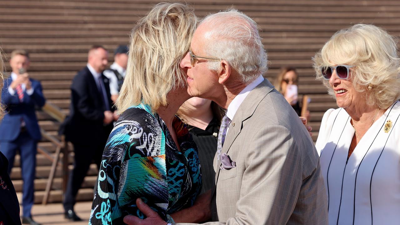 King Charles is greeted by Dame Joanna Lumley at the Sydney Opera House Forecourt. Picture: Chris Jackson/Getty Images