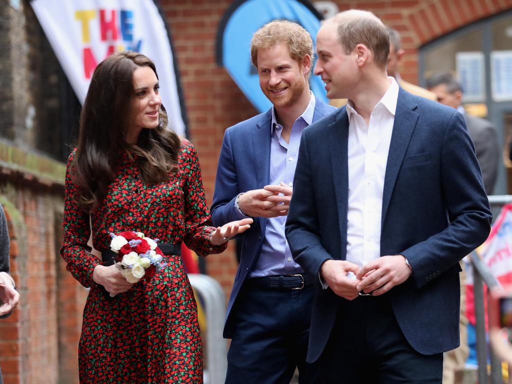 <b>2016:</b> Prince Harry attends an event at the The Mix youth service in London with Prince William and Princess Catherine. Harry at that point likens Catherine to a sister and the trio appear closer than ever. Picture: Chris Jackson/Getty