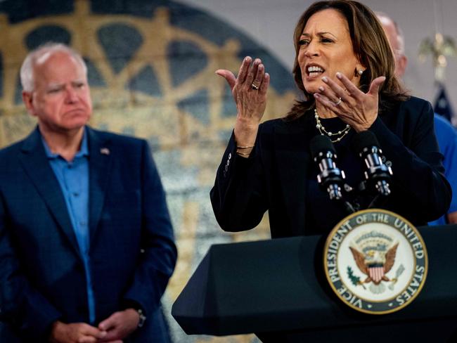 Democratic presidential candidate, US Vice President Kamala Harris, accompanied by Democratic vice presidential candidate Minnesota Governor Tim Walz, speaks at a campaign rally at United Auto Workers Local 900 on August 8 in Michigan. Picture: Andrew Harnik/Getty Images/AFP