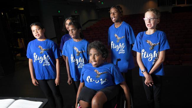 Students from Nemarluk School rehearse their ‘Touch the sky’ performance at the Darwin Entertainment Centre. Picture Katrina Bridgeford.