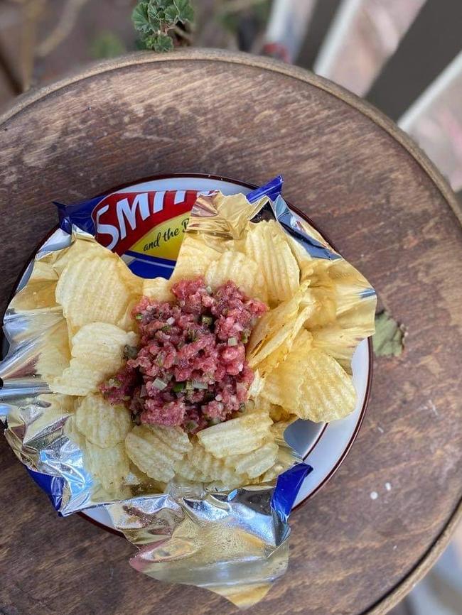 Beef tartare and Smith's chips.