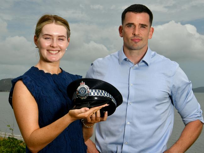 New Queensland police recruits Olivia Shailer and Ted Bailey near the North Queensland Police Service Academy in Rowes Bay. Picture: Evan Morgan