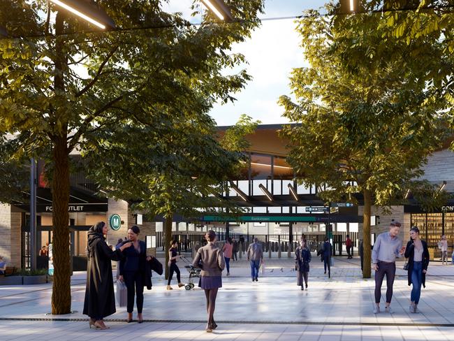 Renders of the brand new Bankstown station. Plaza entry view to Sydney Metro Bankstown.