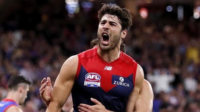 PERTH, AUSTRALIA - SEPTEMBER 25: Christian Petracca of the Demons celebrates a goal during the 2021 Toyota AFL Grand Final match between the Melbourne Demons and the Western Bulldogs at Optus Stadium on September 25, 2021 in Perth, Australia. (Photo by Dylan Burns/AFL Photos via Getty Images)