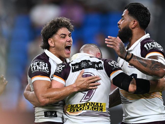 NRL 2025 RD01 Sydney Roosters v Brisbane Broncos - Reece Walsh, Celebration. Picture: NRL Photos