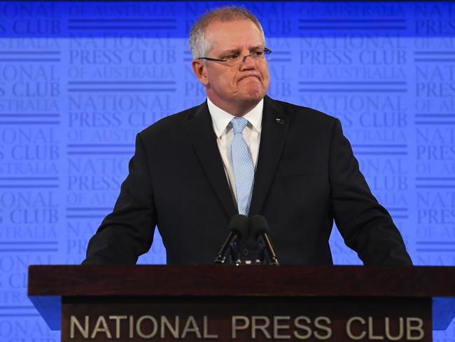 Australian Prime Minister Scott Morrison addresses the National Press Club in Canberra, Tuesday, May 26, 2019. (AAP Image/Lukas Coch) NO ARCHIVING