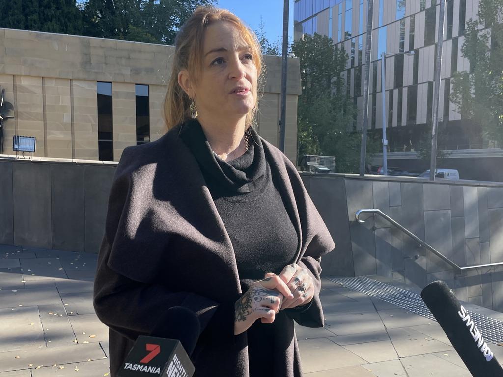 Faith Tkalac speaks outside the Supreme Court of Tasmania. Picture: Amber Wilson