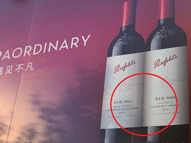 This photo, taken in Shanghai’s Xintiandi district in November, reveals the iconic Australian Penfolds wine brand is now sourcing grapes from the Napa Valley and California due to the trade war. picture: Supplied