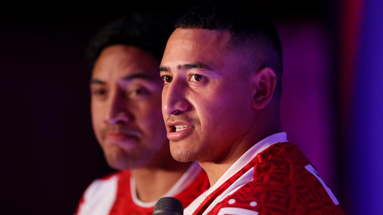 MANCHESTER, ENGLAND - OCTOBER 10: Siosiua Taukeiaho of Tonga speaks during the Rugby League World Cup 2021 Tournament Launch events at the Science and Industry Museum on October 10, 2022 in Manchester, England. (Photo by Jan Kruger/Getty Images for RLWC2021)