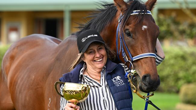 MELBOURNE, AUSTRALIA - NOVEMBER 06: Melbourne Cup winning horse KnightÃ¢â¬â¢s Choice poses with trainer Sheila Laxon during a Melbourne Cup Winner Media Opportunity at Macedon Lodge on November 06, 2024 in Melbourne, Australia. (Photo by Vince Caligiuri/Getty Images)